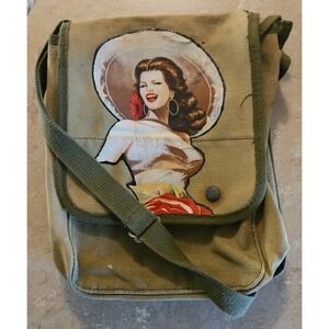 Upcycled Military Canvas Crossbody Bag W Pin Up Art Unisex
